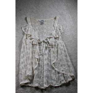 Pinky Cream Lace Ruffle Open Front Sleeveless Blouse Top Size S‎